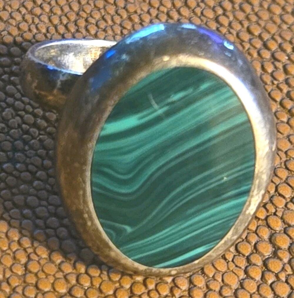 Vintage Taxco Malachite And Silver Ring 9.6 Grams Mexico Marked Adjustable